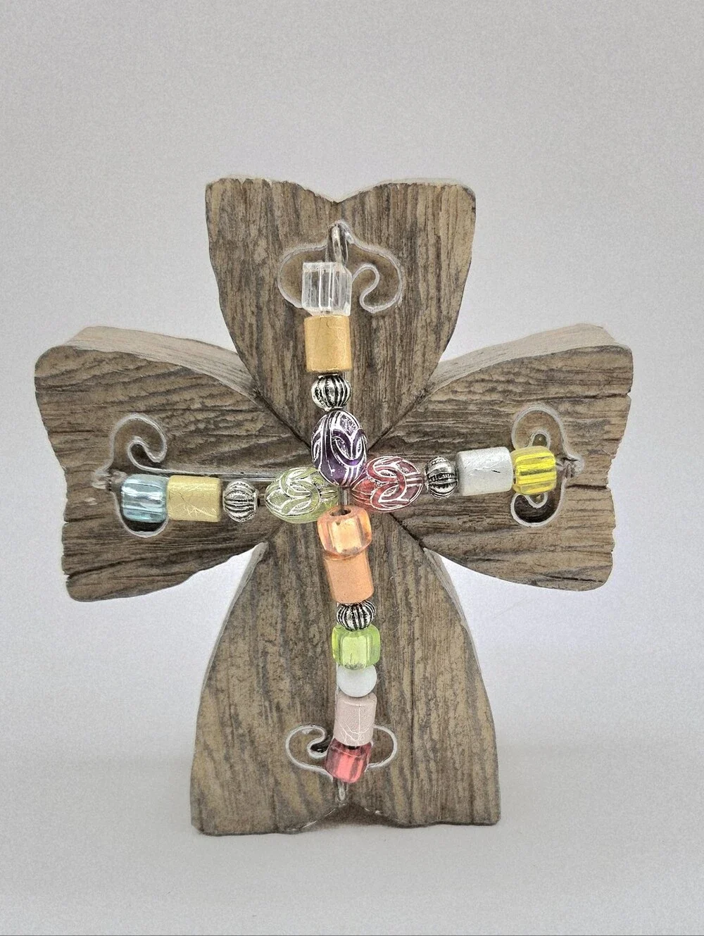 Beaded Cross Wood Table Decor - Multicolor Beads
